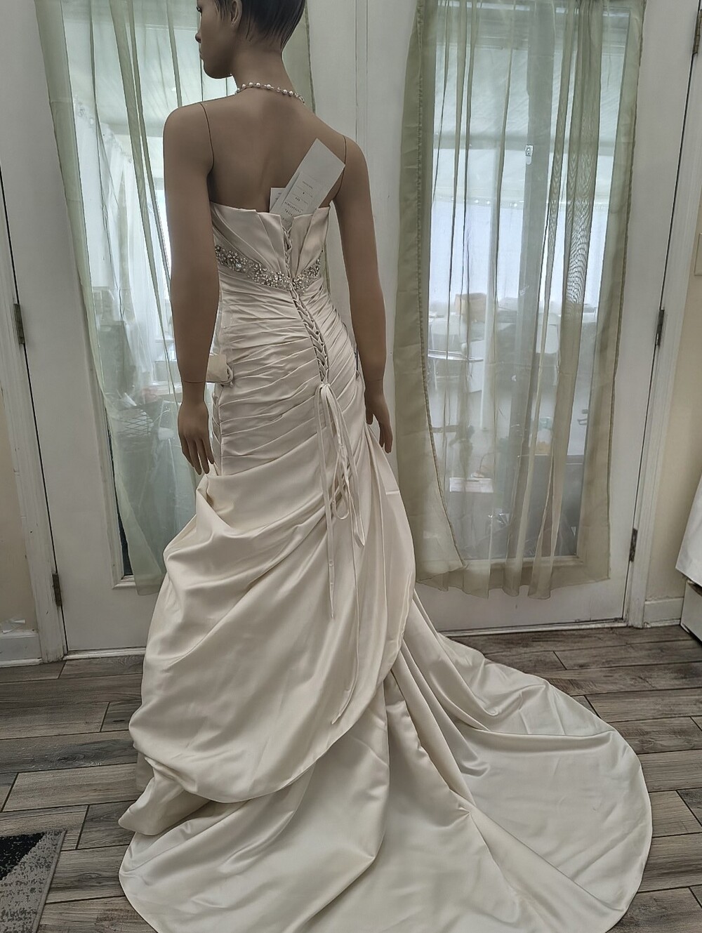 NWT Sophia Tolli Strapless Cream Satin Ruched Gown with Beaded Waist - Picture 15 of 16